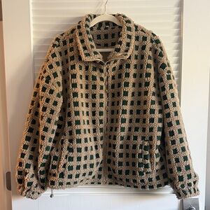 Amazon Beige and Dark Green Check Sherpa Zip Jacket